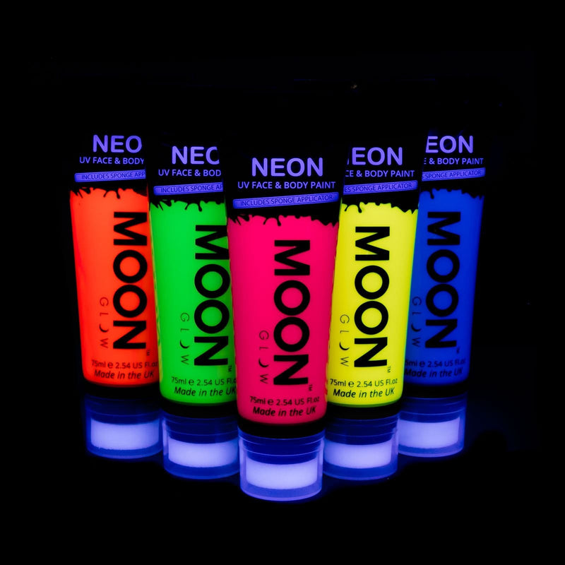 [Australia] - Moon Glow Supersize 75ml Neon UV Face & Body Paint - Set of 5 tubes - with sponge applicator 