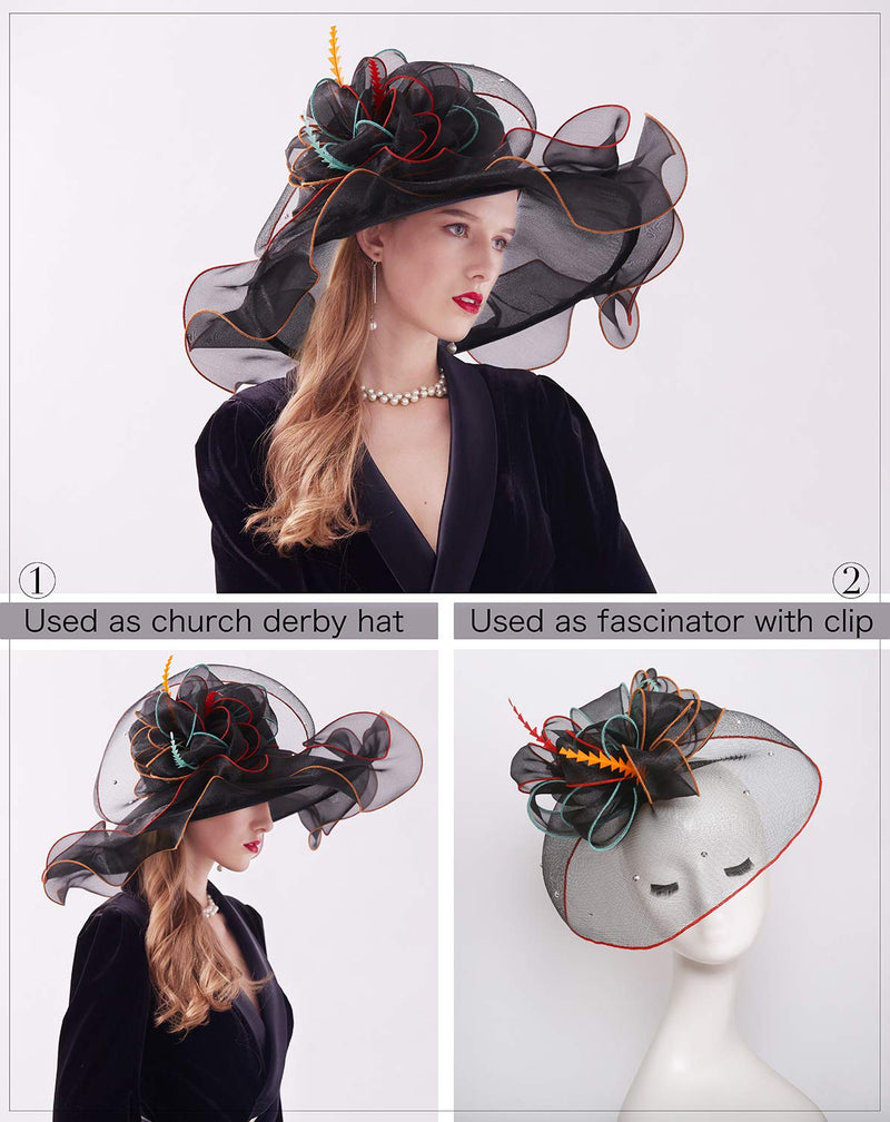 [Australia] - Z&X Women Kentucky Derby Church Hat Organza Flower Wide Brim Fascinator Hats for Wedding Tea Party, Dual-use 1901- Black 