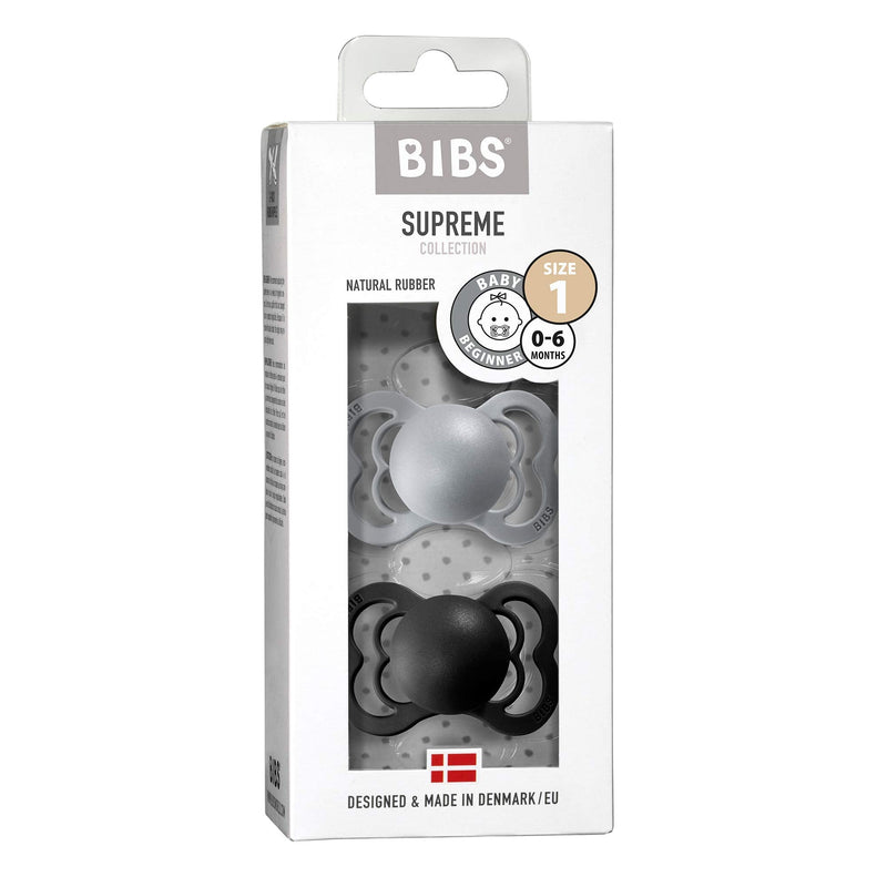 [Australia] - BIBS Supreme Soother 2-Pack, BPA Free Dummy Pacifier, Symmetrical Nipple. Natural Rubber Latex, Size 1 (0-6 Months), Cloud / Black 0-6 Months (Pack of 2) 