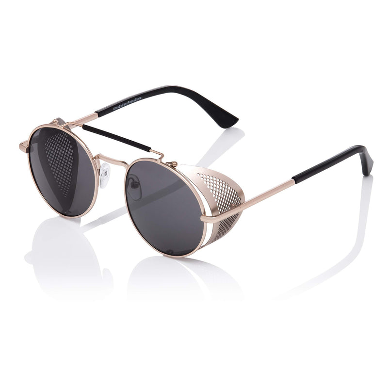 [Australia] - Steampunk Deep Blinder Sunglasses Retro Women Mens Round Goggles Glasses UV400 Gold With Black Lenses 