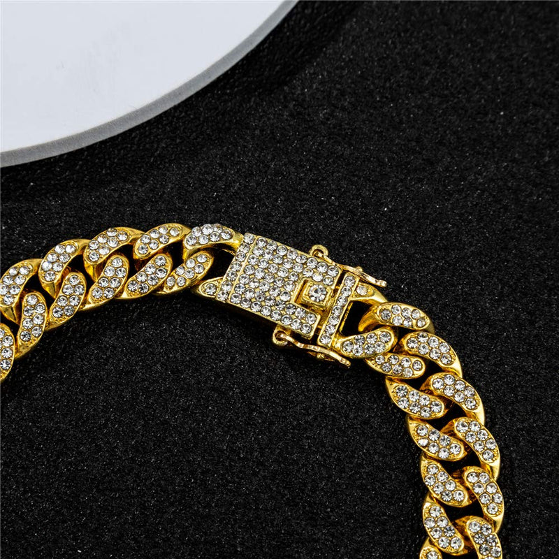 [Australia] - 12mm Wide Cuban Link Iced Out Rhinestone Filled Chain Anklet, 18K Gold / White Gold Plated Punk Hip-hop Ankle Bracelets for Women, Length 10”, Weight 46g 