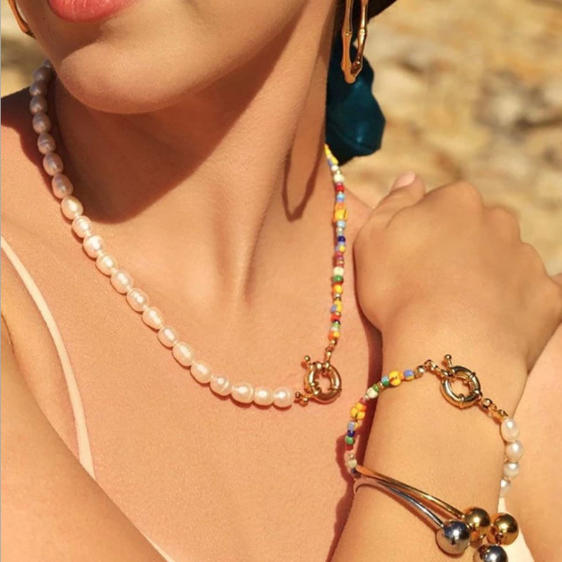 [Australia] - Bohemian Pearl Beaded Choker Necklace Bracelet Set for Women Handmade Colorful Summer Seed Bead Pearl Necklace Bracelet Set Sandy Beach Bracelet Necklace Gold-Tone 