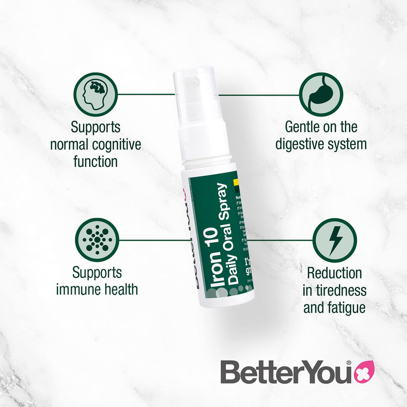[Australia] - BetterYou Iron 10 Daily Oral Spray | Iron Supplement and Immune System Support | Delivers 10mg of Highly Absorbable Iron Per Dose | 25ml | 32 Daily Doses | Natural Pomegrante Flavour 