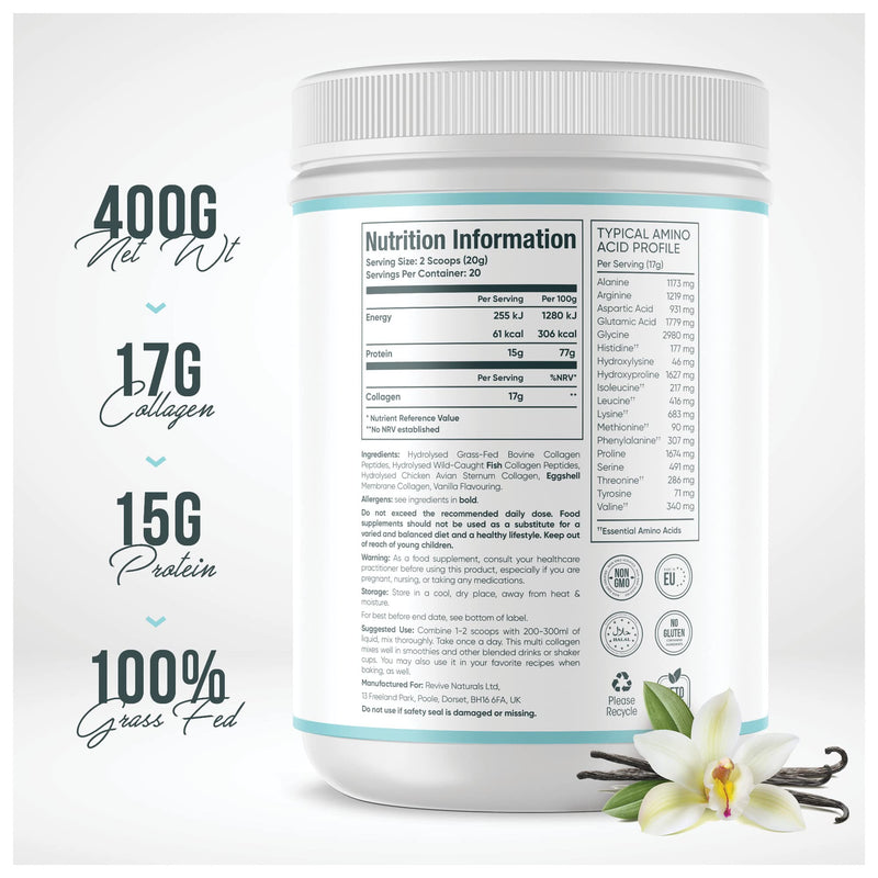 [Australia] - Vanilla Multi Collagen Protein Powder - 400g - Unsweetened - 5 Types of Collagen Peptides - Hydrolysed Grass Fed Bovine, Wild Caught Marine & Free-Range Chicken - Keto Approved 