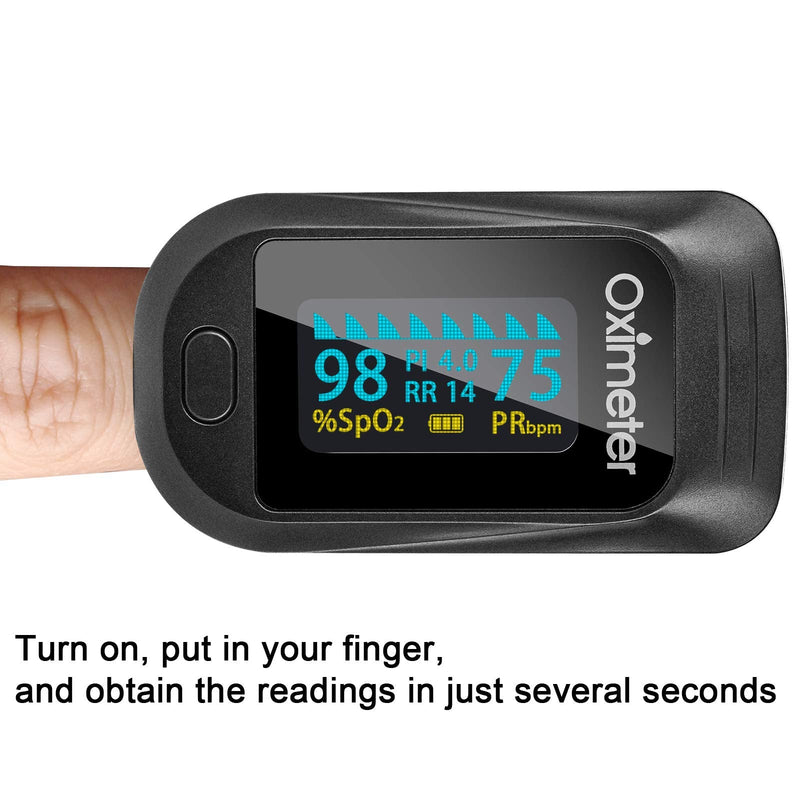 [Australia] - Tomorotec Fingertip Pulse Oximeter Accurate Blood Oxygen Saturation Level (SpO2), Perfusion Index (PI), Pulse Rate (PR), Respiratory Rate (RR) Monitor with Lanyard [Sports & Aviation Use Only] (Black) Black 