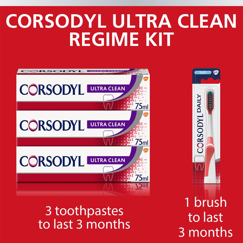 [Australia] - Corsodyl Ultra Clean Gum Care Toothpaste And Toothbrush Multipack, Regime Kit (3 x Ultra Clean Fluoride Toothpaste And 1 x Soft Bristles Toothbrush For Adults) Toothpaste and Toothbrush Kit 