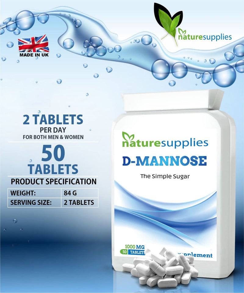 [Australia] - D-mannose Tablets 1000mg - Coated Tablet Easy to Swallow Longer Shelf Life 50 Pack - Suitable for Vegetarians and Vegans, A Premium Mannose Supplement from Naturesupplies 