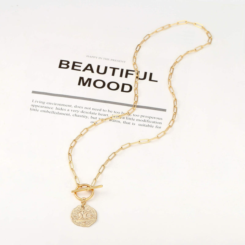 [Australia] - 18K Gold Moon Star Lion Evil Eye Pendant Necklace Medallion Paperclip Chian Choker Layering Jewery for Women Girls A Moon & Star 