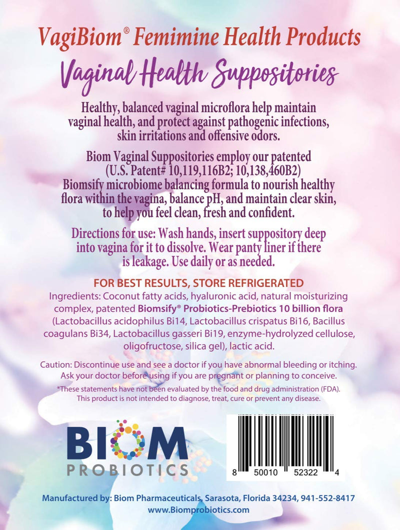 [Australia] - Biom Vaginal Probiotic Suppository: Natural Vaginal pH and Odor Control Regimen; Balance and Nourishes Vaginal Microbiome; No Parabens, Fragrance-Free (30) 30 Count (Pack of 1) 
