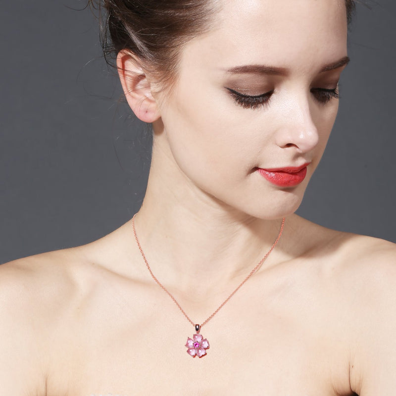 [Australia] - LSOOYH Flower Pink Crystal Necklace Flower for Women Girl Jewelry Gifts 