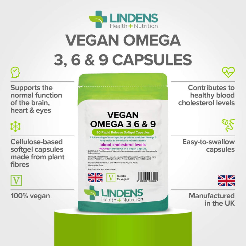 [Australia] - Lindens Vegan Omega 3, 6 & 9 Flaxseed 1000mg Softgel Capsules - 90 Capsules - Rapid-Release - UK Manufacturer, Letterbox Friendly 