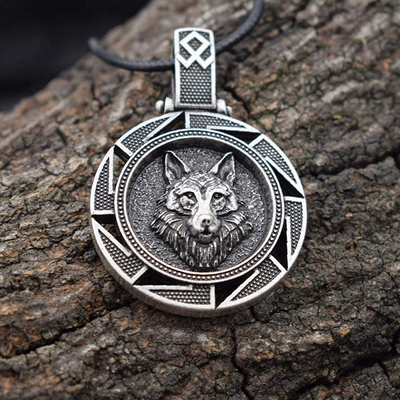 [Australia] - HAQUIL Wolf Necklace - Metal Alloy, Round Wolf Medallion Pendant - Leather Cord, 19.7" 4 