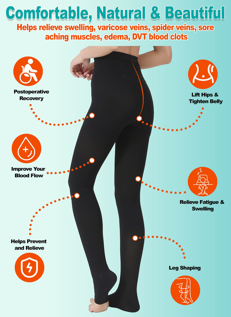 [Australia] - MGANG® Compression Pantyhose, Open Toe, Waist High Compression Stockings Opaque, 15-20 mmHg Pantyhose, Firm Support Hose for Unisex, Edema, Varicose Veins, Swelling, Nursing, Black Large 15-20mmhg Black Open-toe 
