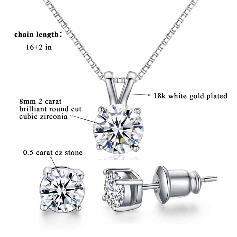 [Australia] - ZUYGG Cubic Zirconia Jewelry Set- 18k White Gold Plated Solitaire CZ Pendant Necklace and 0.5ct Stud Earrings for Women Jewlery set 