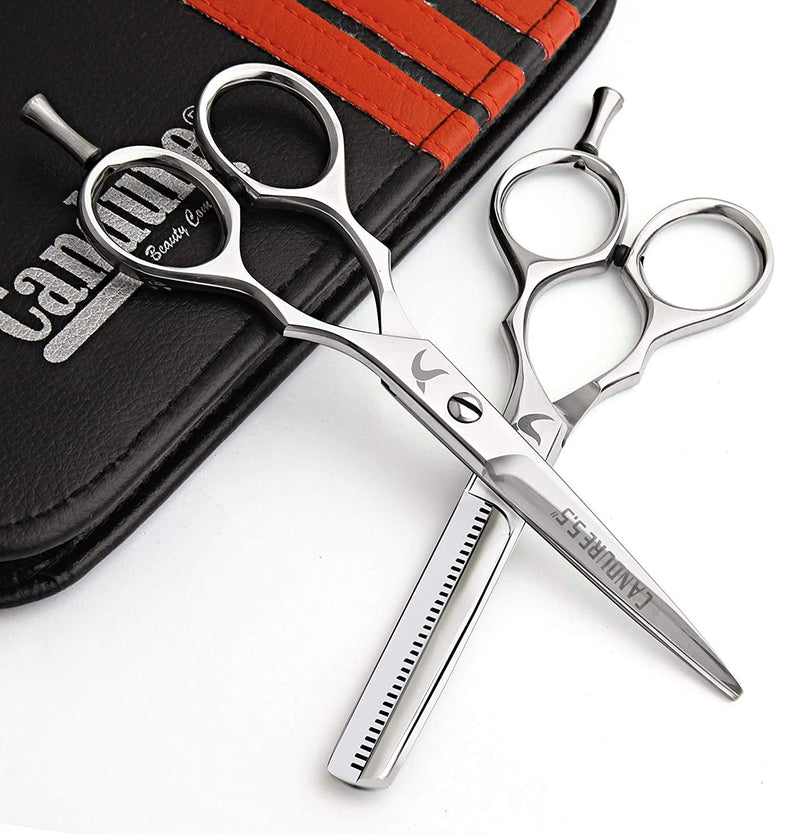[Australia] - Candure Hairdressing Scissor Hairdresser thinning Scissor Set - 5.5 Inch Hair Cutting and Hair Scissor with Comb and Pouch - for Men, Women, Children and Professional Barbers 2 Count (Pack of 1) Silver 