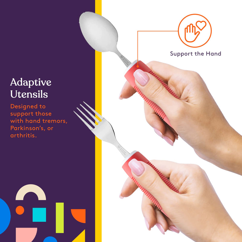 [Australia] - Special Supplies Adaptive Utensils (5-Piece Kitchen Set) Wide, Non-Weighted, Non-Slip Handles for Hand Tremors, Arthritis, Parkinson’s or Elderly Use - Stainless Steel Knives, Fork, Spoons - Red 
