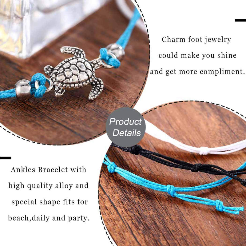 [Australia] - Casdre Boho Layered Anklets Black Sea Turtle Beach Foot Chain Wax Rope Bracelet Charm Adjustable Chain Foot Jewelry for Women and Girls 