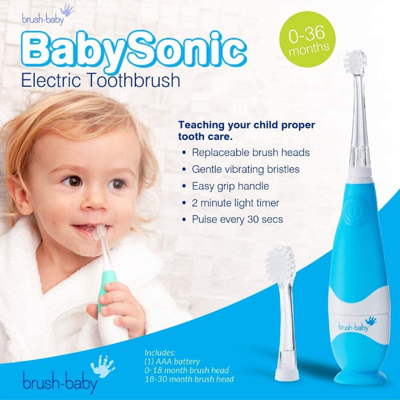 [Australia] - Brush Baby BabySonic Infant and Toddler Electric Toothbrush for Ages 0-3 Years - Smart LED Timer and Gentle Vibration Provide a Fun Brushing Experience (Blue) Blue 