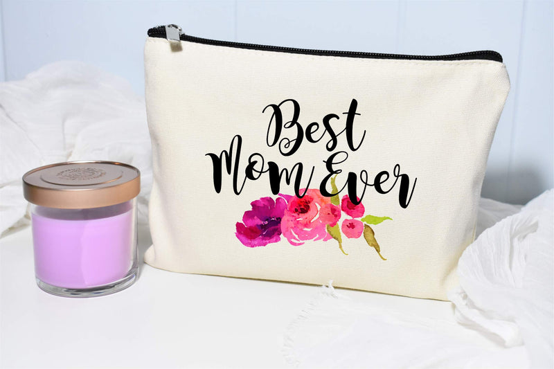 [Australia] - Best Mom Ever Makeup Bag, Gift for Mom, Mother's Day Gift, Cosmetic Bag for Mom, Floral Bag, Travel Makeup Pouch 