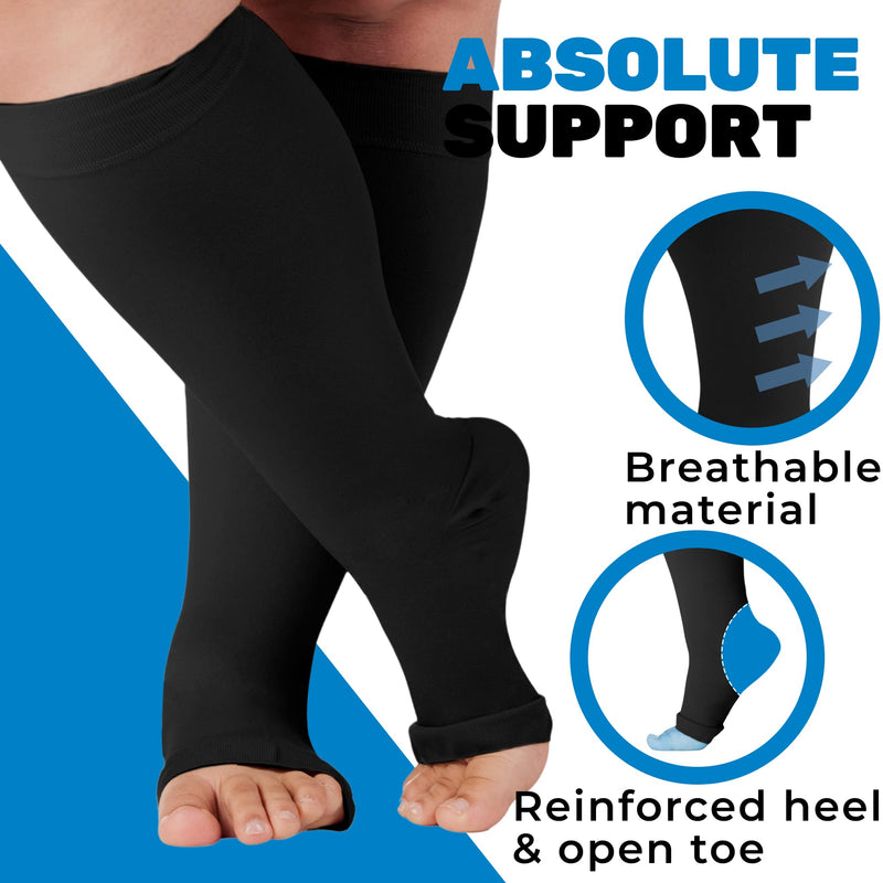 [Australia] - (3 Pack) Absolute Support Compression Knee Hi for Men & Women 20-30mmHg Open Toe - Gradient Compression Support Stockings for Swollen Feet Leg Varicose Veins Prevents Edema Pain - Black, Large 