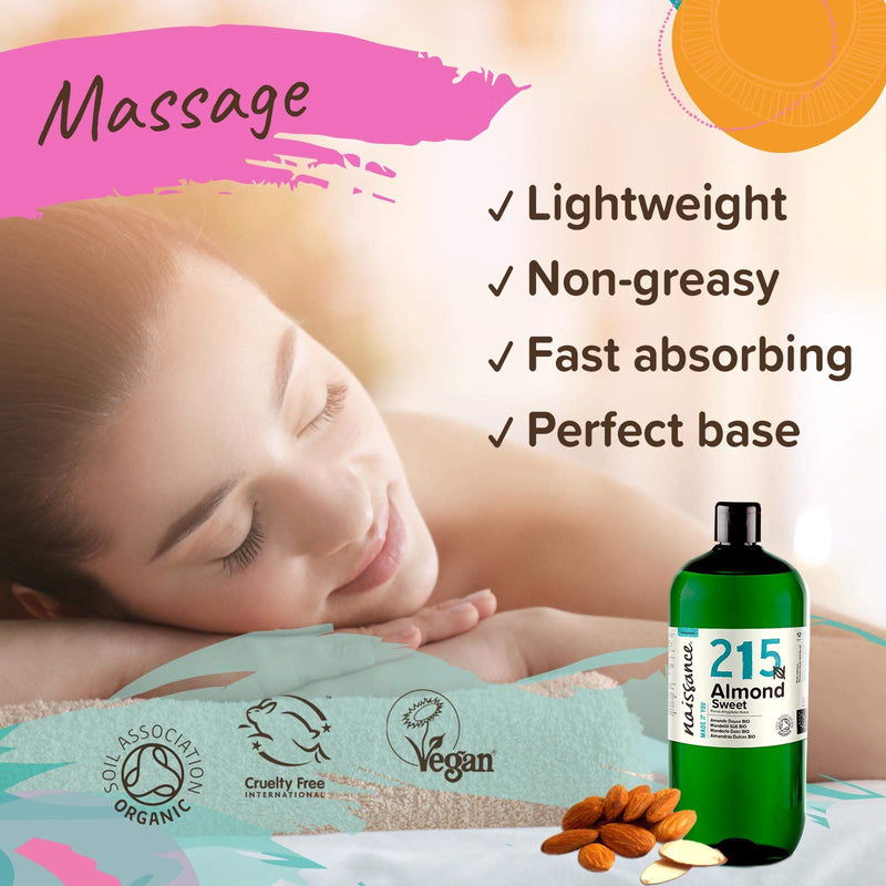 [Australia] - Naissance Certified Organic Sweet Almond Oil (no. 215) 1 Litre ‚Äì For Skin Hair Massage Nails Ears Face Body Stretch Marks - Natural Skin Care Cold Pressed Unrefined Food Grade Carrier Oil Aromatherapy 
