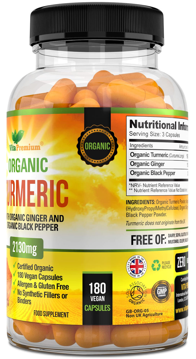 [Australia] - Organic Turmeric Curcumin 2130mg per Serving with Ginger and Black Pepper - 180 Vegan Capsules - High Strength Supplement 