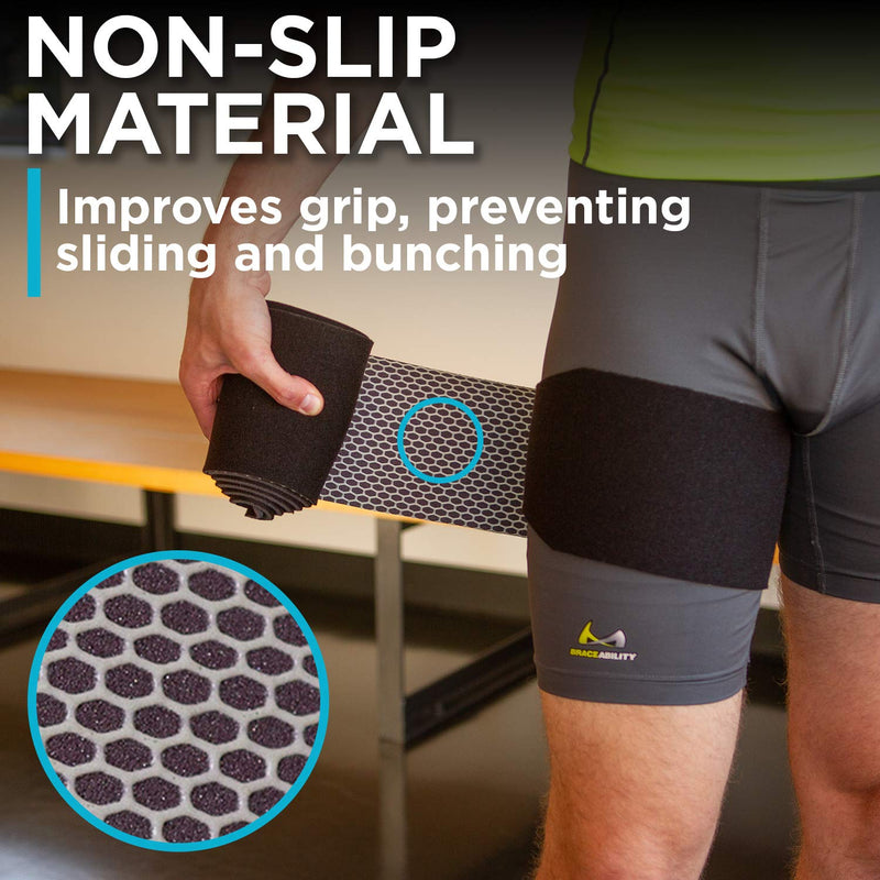 [Australia] - BraceAbility Hip Brace & Groin Strain Wrap | Non-Slip Hamstring & Thigh Compression Support Spica for Pulled Quad Muscle, Arthritis Relief, Inguinal Hernia or Abduction Hip Flexor Injury (One Size) 