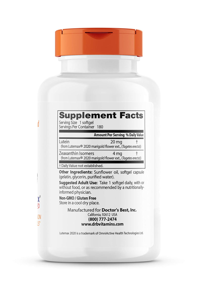 [Australia] - Doctor's Best Lutein Featuring Lutemax, Non-GMO, Gluten Free, Eye Health, 20 mg, 180 Softgels 180 Count (Pack of 1) 