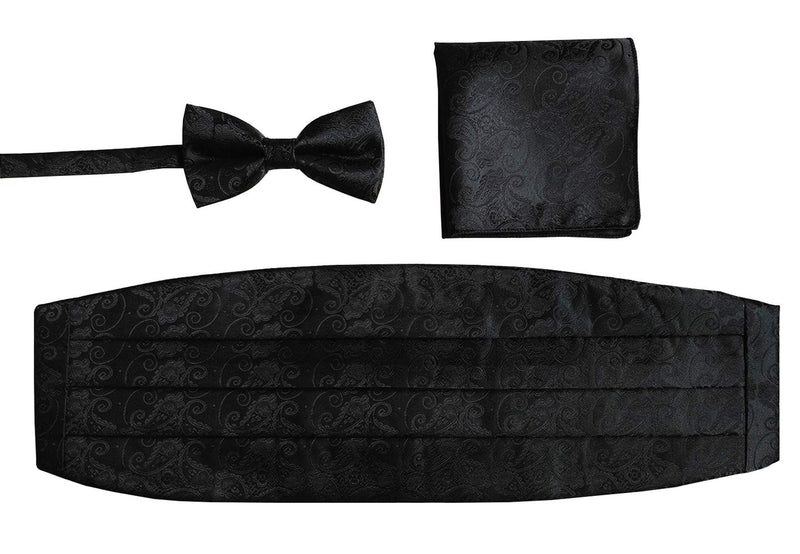 [Australia] - Simpowe Mens Matching Paisley Pocket Square Bow Tie and Cummerbund Set One Size Black 