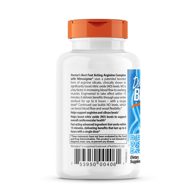 [Australia] - Doctor's Best Fast Acting Arginine Complex w/Nitrosigine, Boost Nitric Oxide, Blood Flow & Vessel Flexibility, Non-GMO, Vegan, Gluten Free, 750mg, White (DRB-00406) 