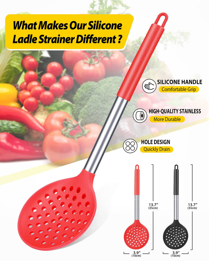 [Australia] - Pack of 2 Kitchen Ladle Strainer , Large Slotted Spoon with High Heat Resistant,BPA Free Non Stick Cooking Skimmers for Draining & Frying (Black-Red) Black-red 
