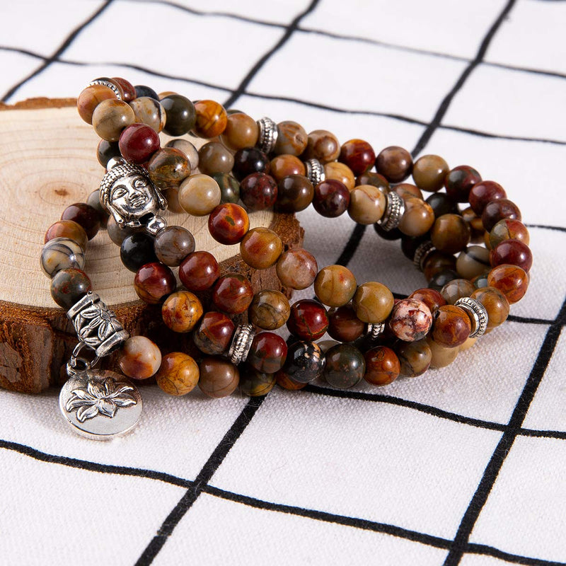 [Australia] - Bivei 108 Mala Beads Bracelet - Genuine Gemstone Mala Prayer Beads Lotus Charm Meditation Necklace Multi-Color Picasso Jasper 