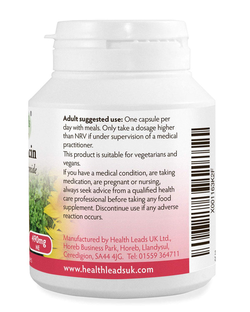[Australia] - No-Flush Niacin 490mg x 90 Capsules, Nicotinamide/Niacinamide - Flush Free Form of Vitamin B3/Niacin,Magnesium Stearate Free & No Nasty Additives, Vegan, Made in Wales 