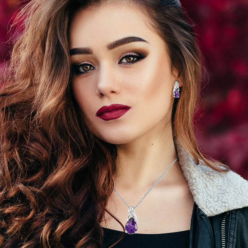 [Australia] - Shop LC Delivering Joy 925 Sterling Silver Dangle Drop Earrings Chain Pendant Necklace Jewelry Set for Women 20''(Amethyst/Garnet/Citrine/Topaz/Tourmaline) Amethyst 