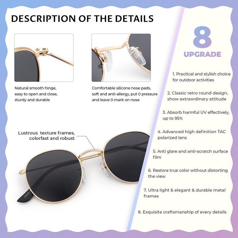 [Australia] - livho Trendy Polarized Sunglasses for Women Men Retro Round Mirrored Sun Glasses UV Protection Gold Frame + Black Lens 