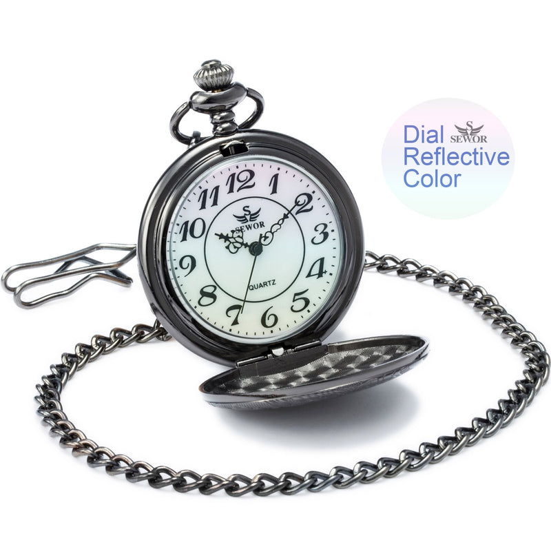 [Australia] - SEWOR Bronze Flowers Vintage Quartz Pocket Watch Shell Dial with Two Type Chain(Leather+Metal) Black 