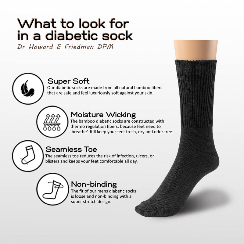 [Australia] - Silky Toes 3 or 6 Pack Men’s Bamboo Diabetic Seamless Soft Non-Binding Crew Socks, Also Available In Plus Sizes 13-15 Black- 3 Pairs 