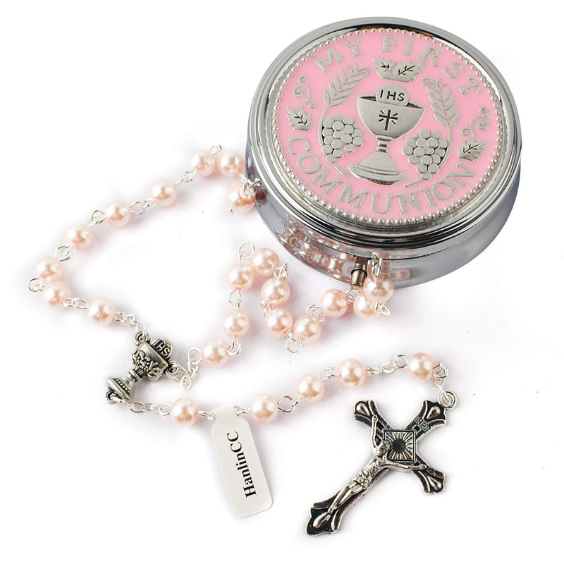 [Australia] - HanlinCC 6mm Glass Pearl Prayer Beads First Communion Rosary with Chalice Center Piece and Crucifix in Anti-Silver Plated for Girl Pack in Holy Cup Metal Gift Box Pink 