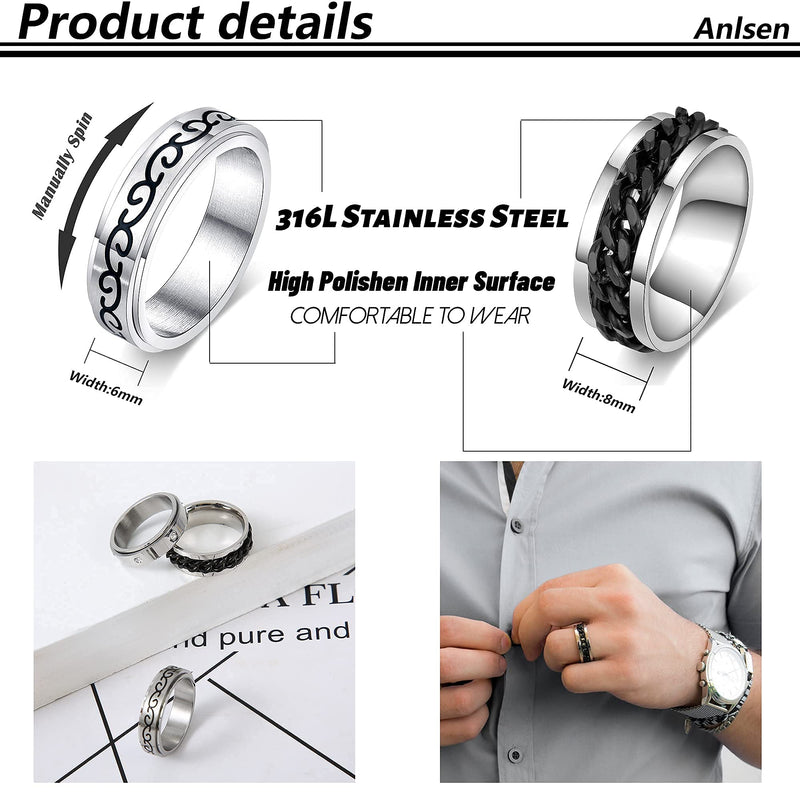 [Australia] - FUNEIA 8Pcs Anxiety Ring for Women Men Stainless Steel Fidget Ring Spinner Ring Set Moon Star Chain Spins Meditation Rings Stress Relieving Band Rings Wedding Promise Rings Size 6-10 