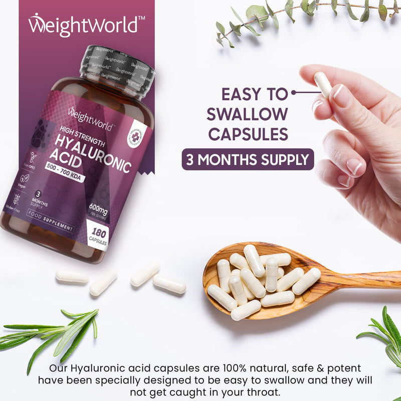 [Australia] - Hyaluronic Acid Supplement 600mg (500-700 KDA) - 180 Vegan Triple Strength Hyaluronic Acid Capsules - 3 Month Supply - Natural Skin, Hair & Joint Supplement for Women & Men - Superior Absorption 