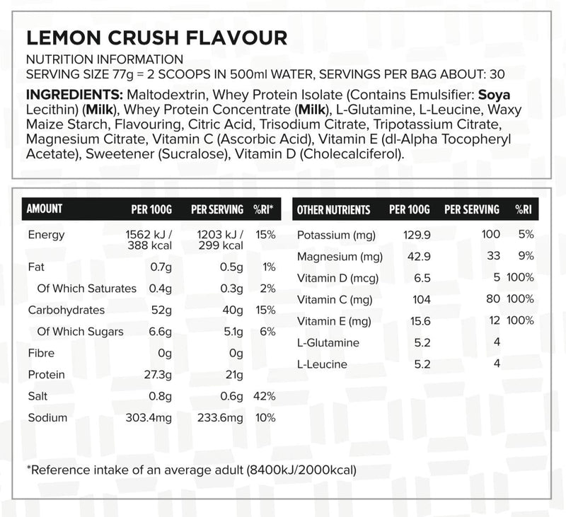 [Australia] - Recovery Post Workout Protein Shake Drink with L-Glutamine, Leucine, Vitamin C, D and E - 30 Serving Powder Formula (2.3kg) - Lemon Crush 2.3kg 