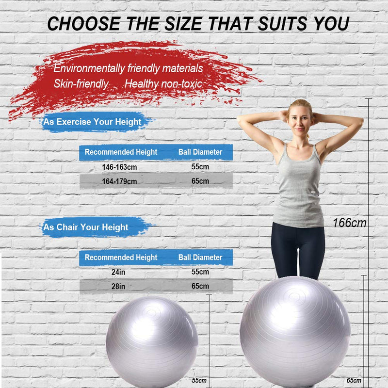 [Australia] - SIYWINA Exercise Ball Yoga Ball Chair 55cm,65cm Birthing Ball Maternity Ball with Quick Pump Anti-Burst for Pilates, Fitness, Pregnancy Silver 55cm（21.6〃） 