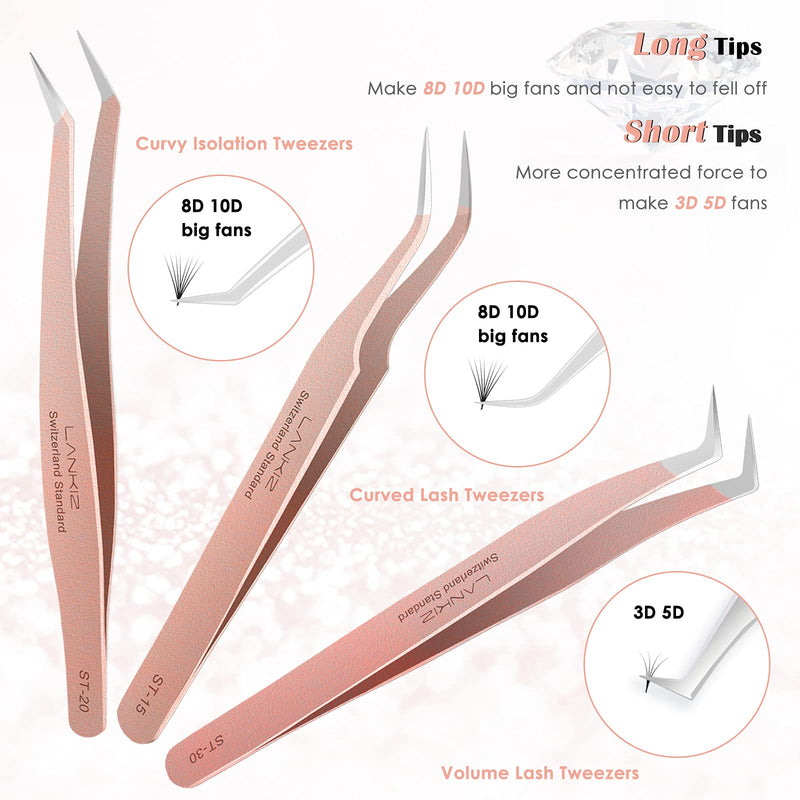 [Australia] - LANKIZ Eyelash Extension Tweezers Set 5 PCS for Volume Lash Extensions Stainless Steel Eyelash Tweezers for Extensions-Rose Gold Rose Gold 
