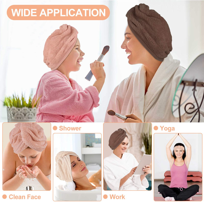 [Australia] - EEEKit Microfiber Hair Towel Wrap for Women, Super Absorbent Hair Drying Towels with Button, Quick Drying Ultra Soft Hair Towel Turban for Curly, Long & Thick Hair(Pink, Beige, Coffee, Headband) 