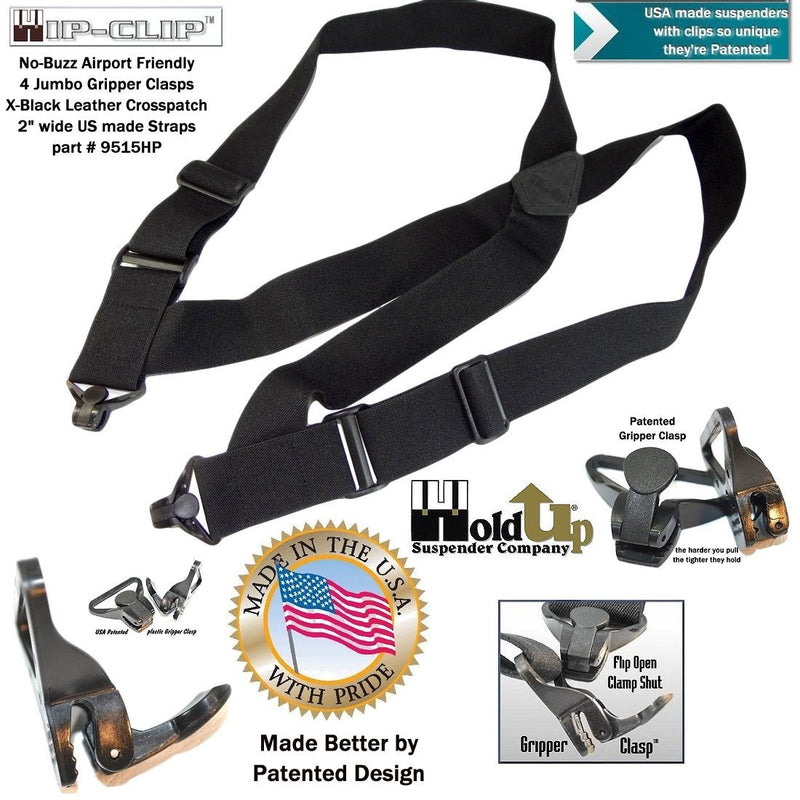 [Australia] - Airport Friendly Holdup Brand No-buzz Black 2" wide Hip Clip Suspenders with patented Jumbo Composite Plastic Gripper Clasps 