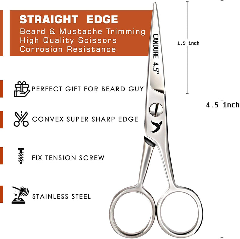[Australia] - Candure Beard Scissors Professional Moustache Scissors Ear and Nose Hair Trimming Scissors Stainless Steel, Safety Use for Eyebrows, Eyelashes, and Ear Hair 