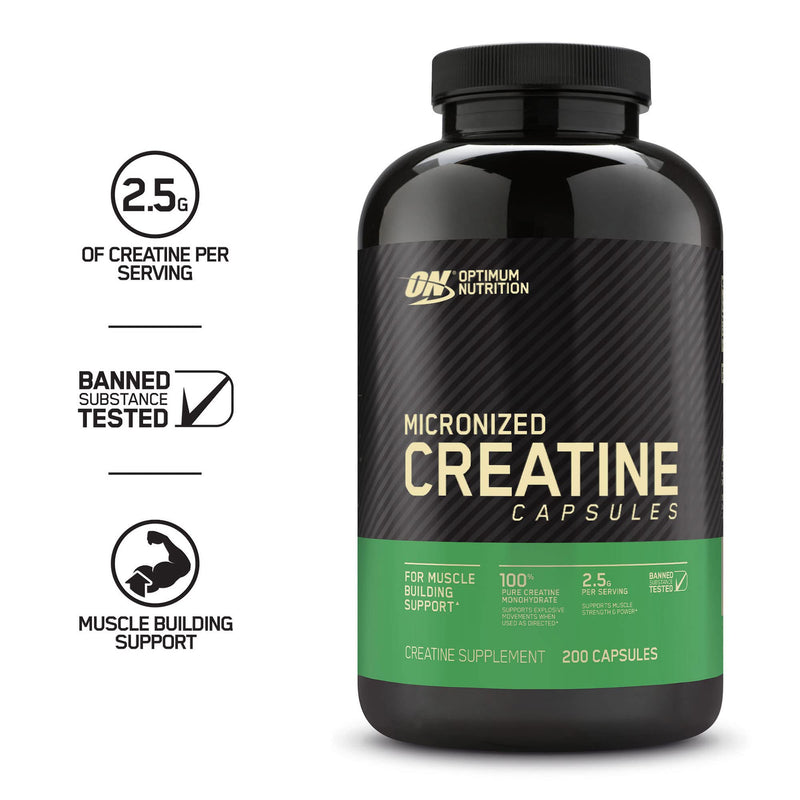 [Australia] - Optimum Nutrition Micronized Creatine Monohydrate Capsules, Keto Friendly, 2500mg, 200 Capsules (Packaging May Vary) 200 Count (Pack of 1) 