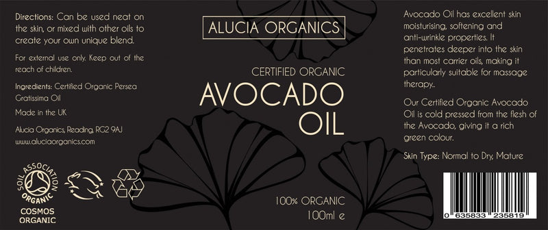 [Australia] - Alucia Organics Certified Organic Avocado Oil 100ml - Pure, Natural, Cold Pressed, Certified Organic, Vegan, Cruelty Free, for Skin, Face, Body, Massage 