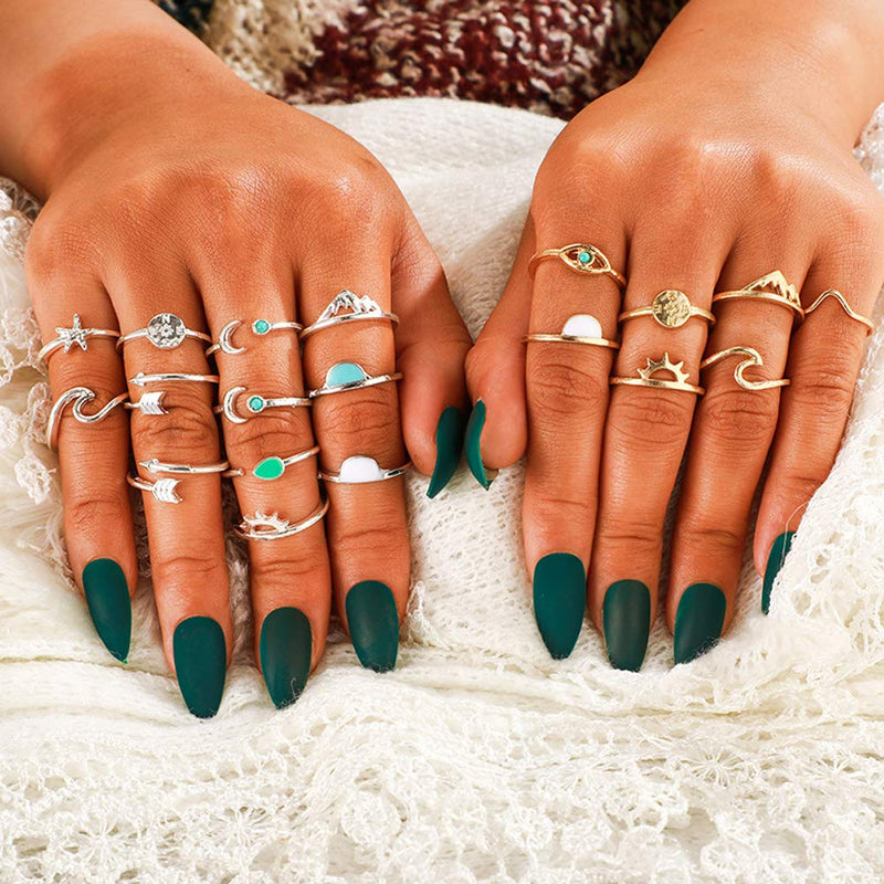 [Australia] - 7-19pcs Silver Star Moon Knuckle Ring Set for Women Girls Vintage Stackable Midi Finger Rings Set A2: Silver&Gold 