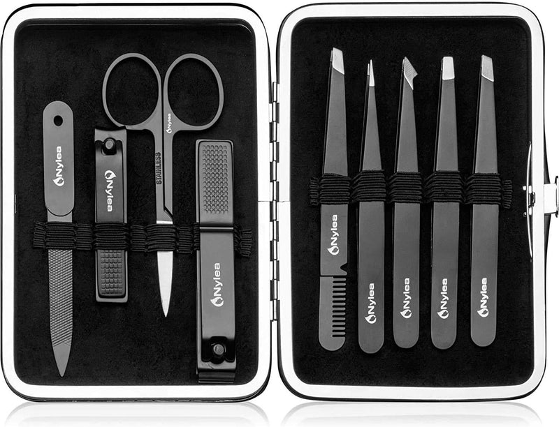 [Australia] - Nylea Tweezers Set and Nail Clippers for Men and Women - Stainless Steel for Eyebrows - Tweezer Kit for Ingrown Hair - Best Precision Slant Tip Facial Hair and Eyelashes - 9pcs 